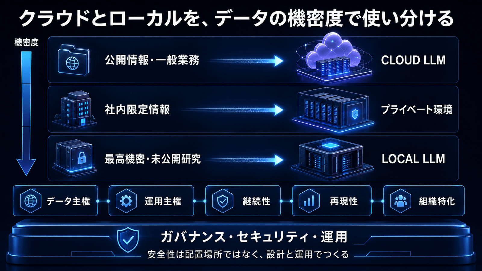クラウドとローカルをデータの機密度で使い分けるルーティング図。公開情報・一般業務はCLOUD LLMへ、社内限定情報はプライベート環境へ、最高機密・未公開研究はLOCAL LLMへと、機密度に応じて3段階に振り分けられている。